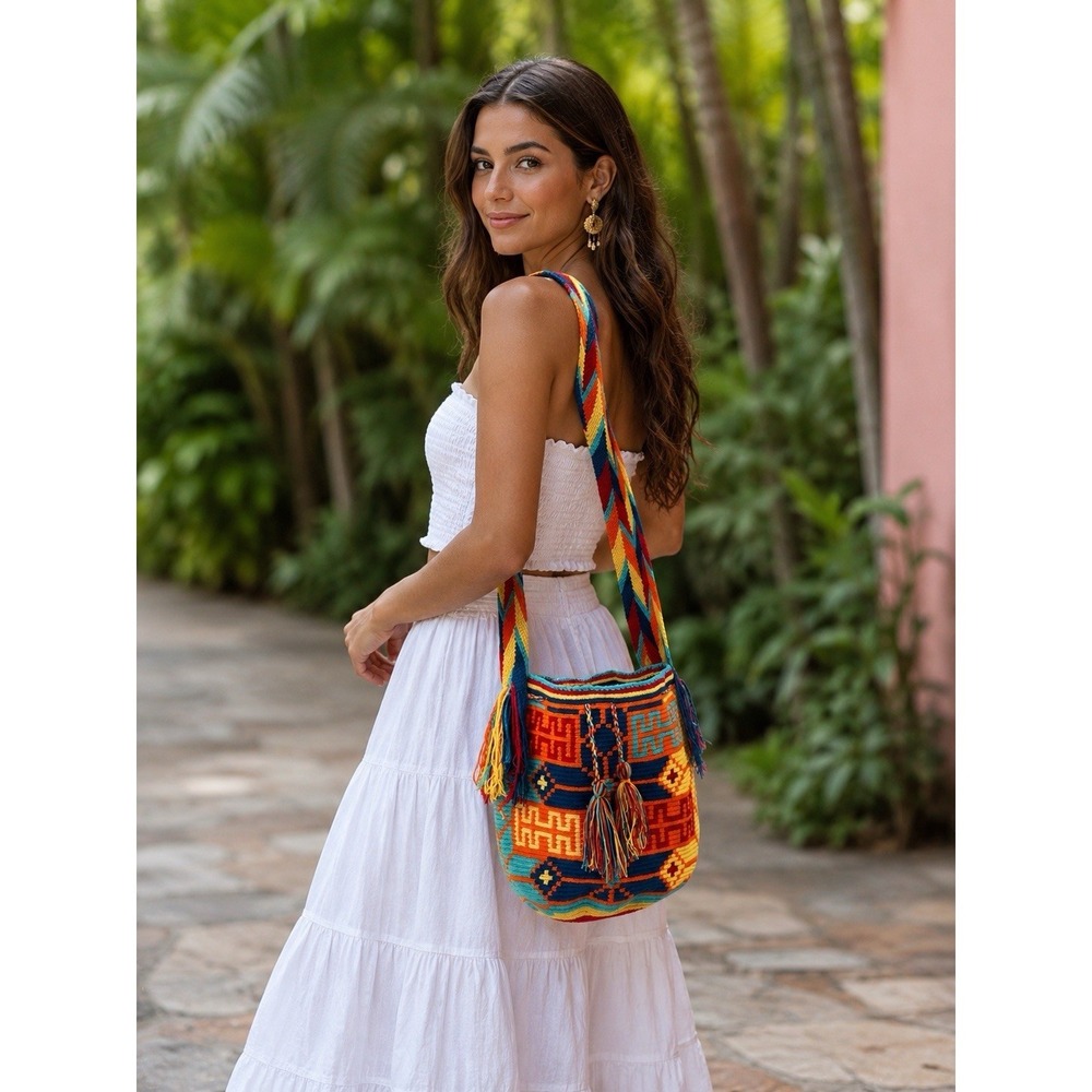 Wayuu Mochila Bucket Bag Boho Colombia Rioacha Orange Yellow Blue Red Festival